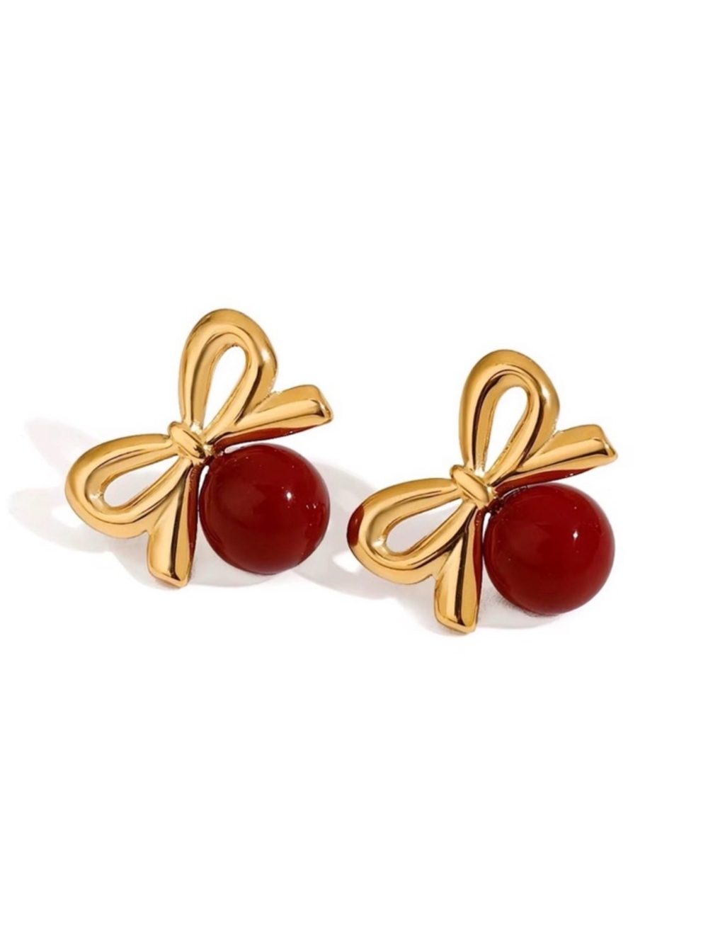 18K Gold Plated Red Bow Stud Earrings